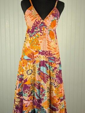 Speed Control Floral Mix Tiered Maxi Dress L Boho Tropical Cotton Sundress Small